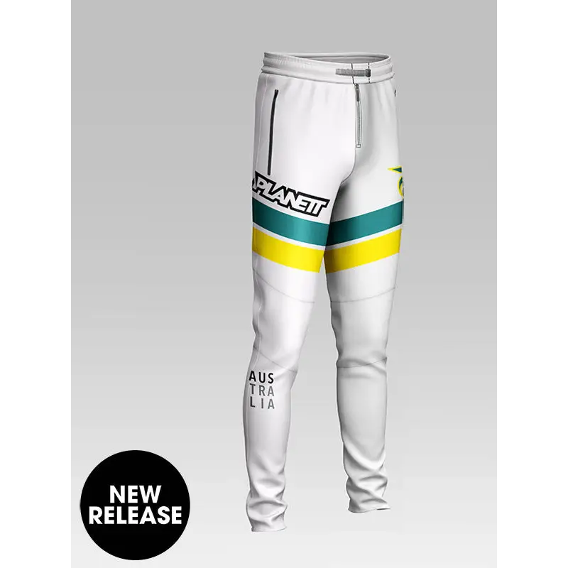 White athletic ride pants with bold teal yellow stripes and planett branding ideal for workwear uniforms