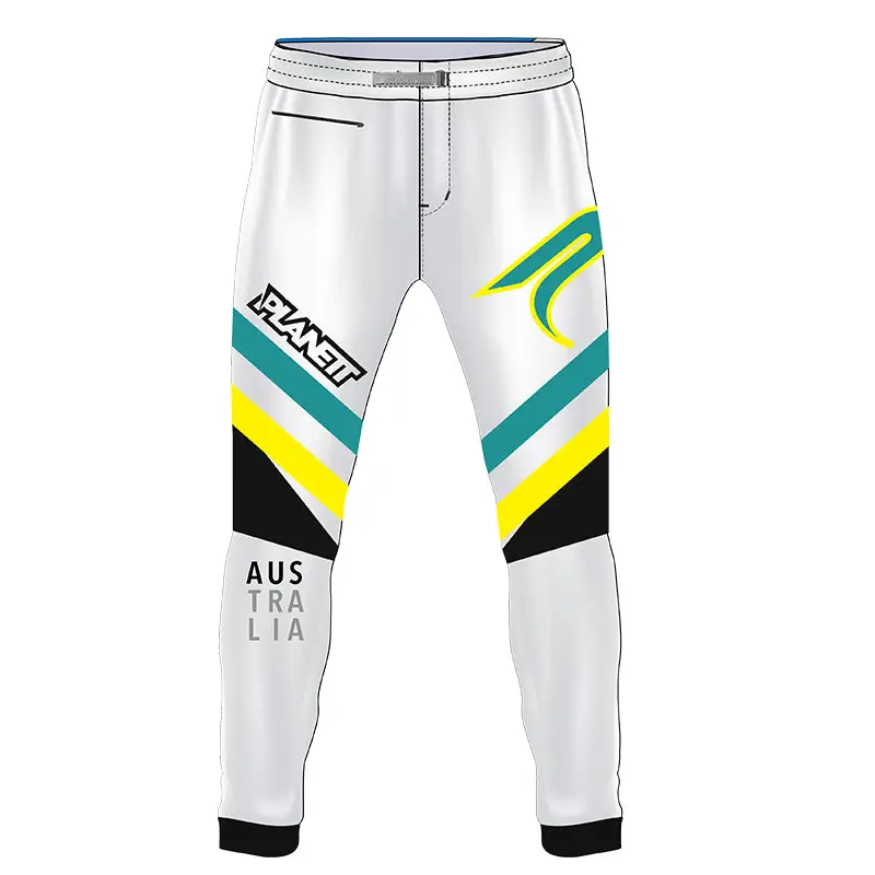 White athletic ride pants with bold teal yellow and black stripes and planet branding perfect for workwear uniforms