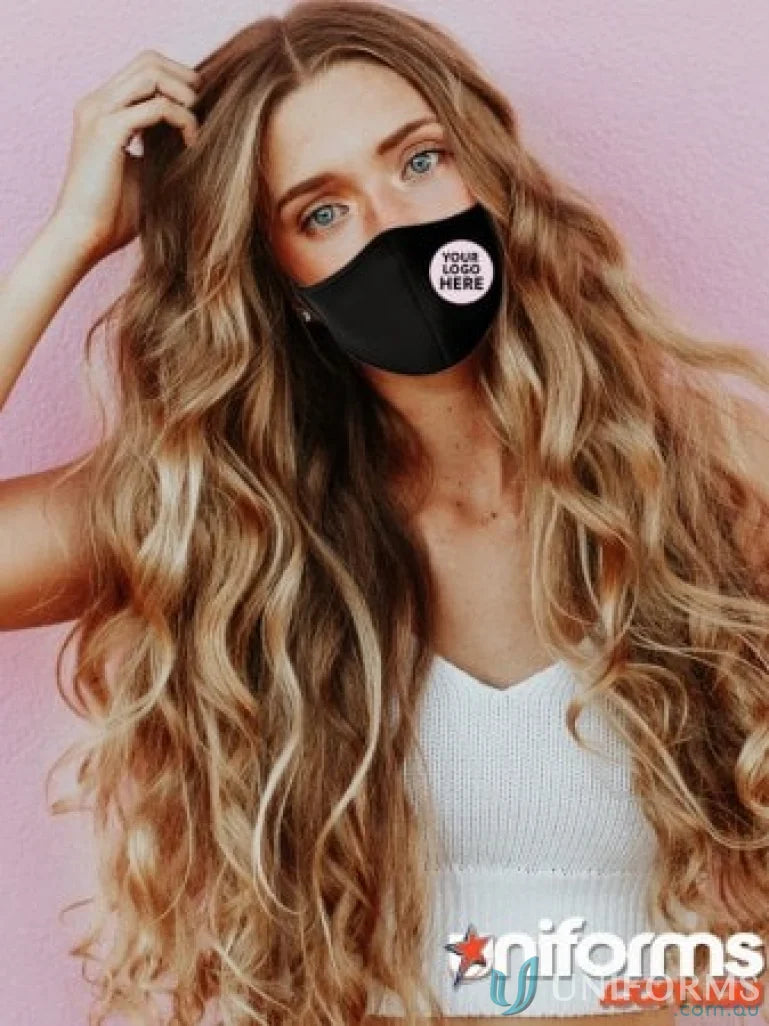 Black face mask from Custom Branded Face Masks, perfect for uniforms and minimum order needs