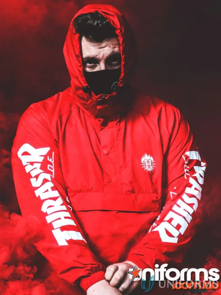 Red Thrasher hooded jacket styled as custom branded face masks for uniforms or minimum order