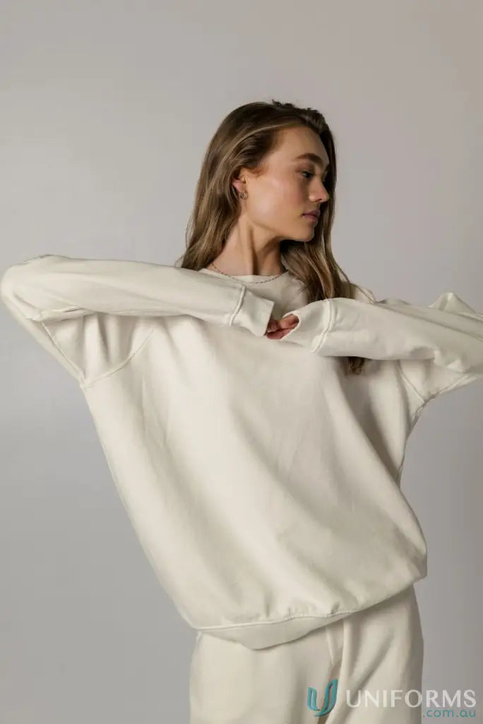 Woman wearing Archie Crew Sweat in unbrushed French terry from Archie Crew