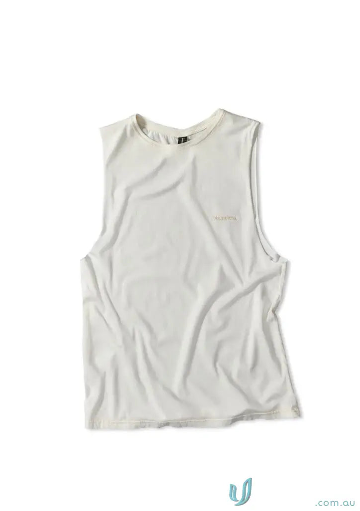 Wrinkled white Cotton Tank Top with raw cut sleeve and nameless chest embroidery