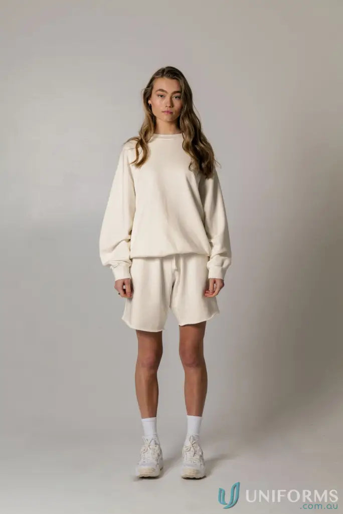 Woman wearing Retro Sweat Natural Dyed matching oversized drop shoulder sweatshirt and shorts set