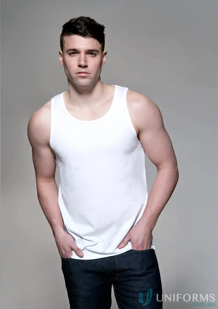 Man in white Timmy Tank Top, ideal workwear or casual uniform choice