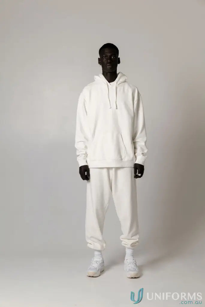 White hoodie and track pant outfit made from brushed French terry material for comfy style