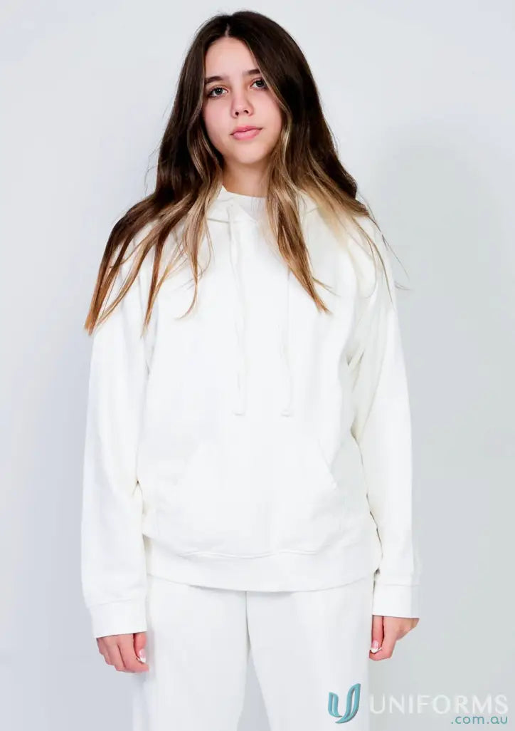 White hooded sweatshirt and pants made of brushed French terry cotton youth hoodie style
