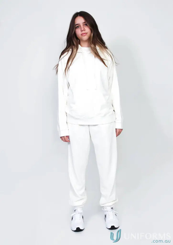 Woman in white brushed French terry youth hoodie made from soft French terry cotton
