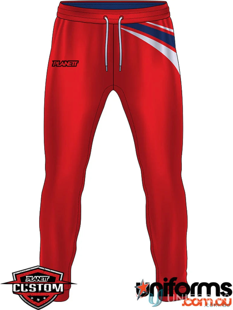 Custom made sublimated Red athletic pants with blue and white accents and button holes