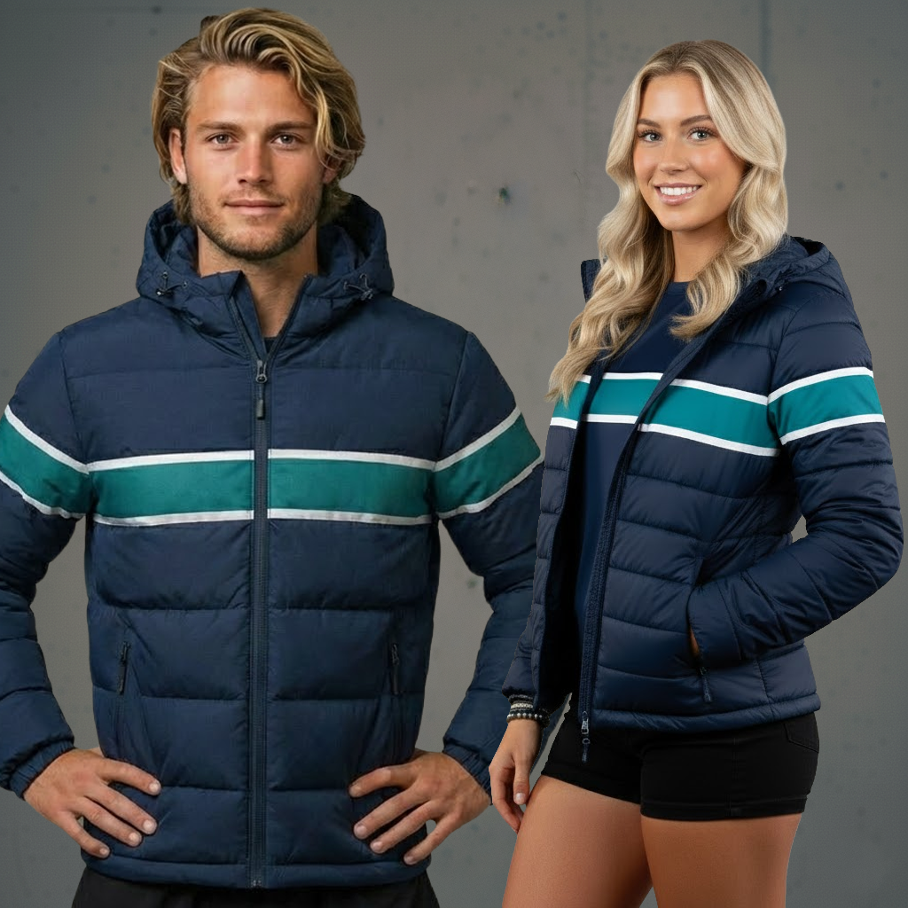 Custom dyesub navy blue puffer jacket with teal white stripes