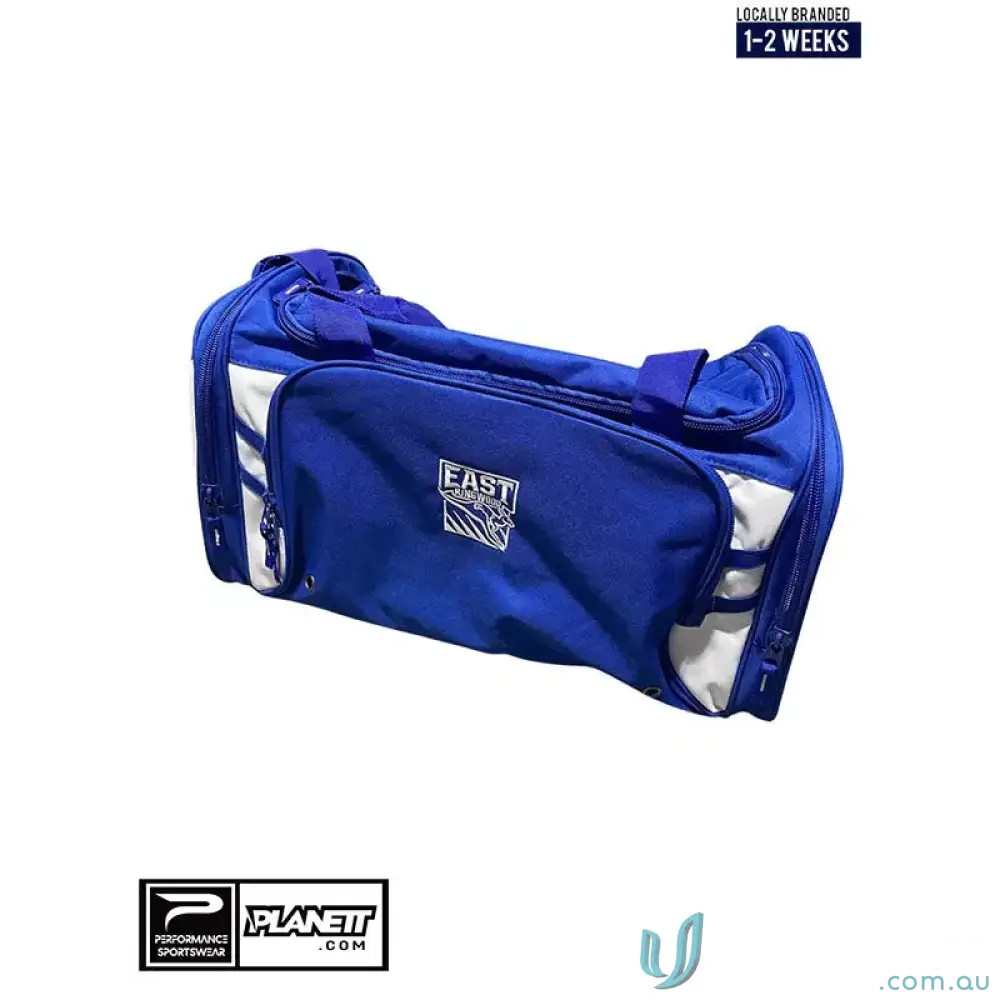 Blue and white ERNC Sports Bag for sporty trips and gym days