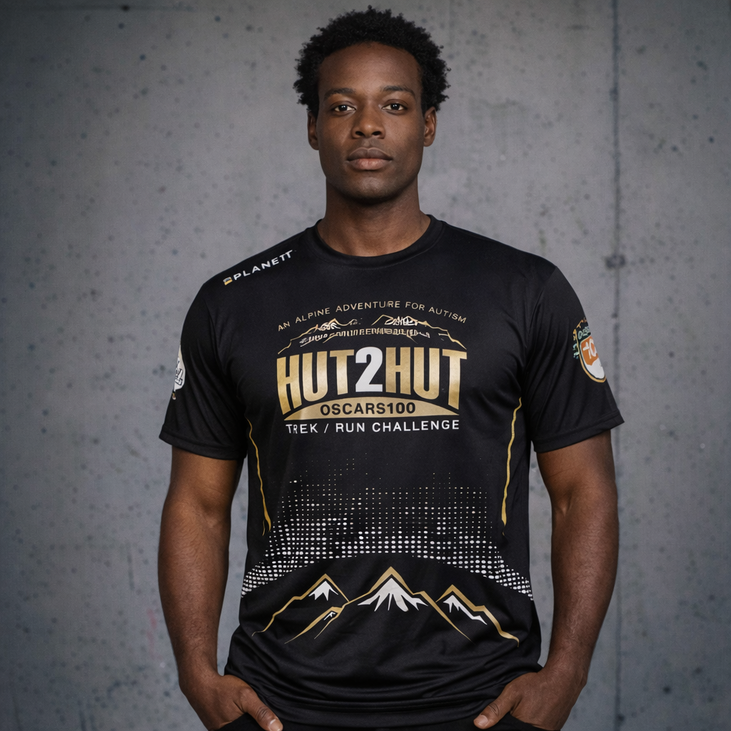 Black GenRun premium performance tee with hut2hut oscars100 mountains graphic