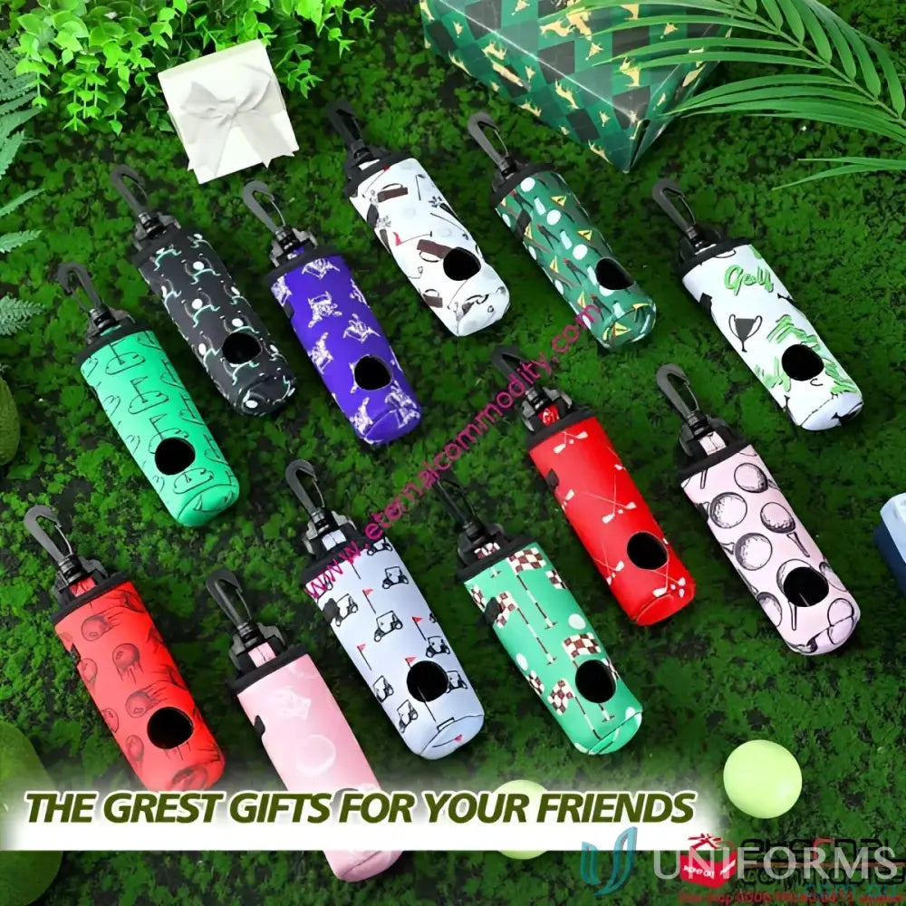 Colorful neoprene golf tee holder with plastic hook and tee storage pouch