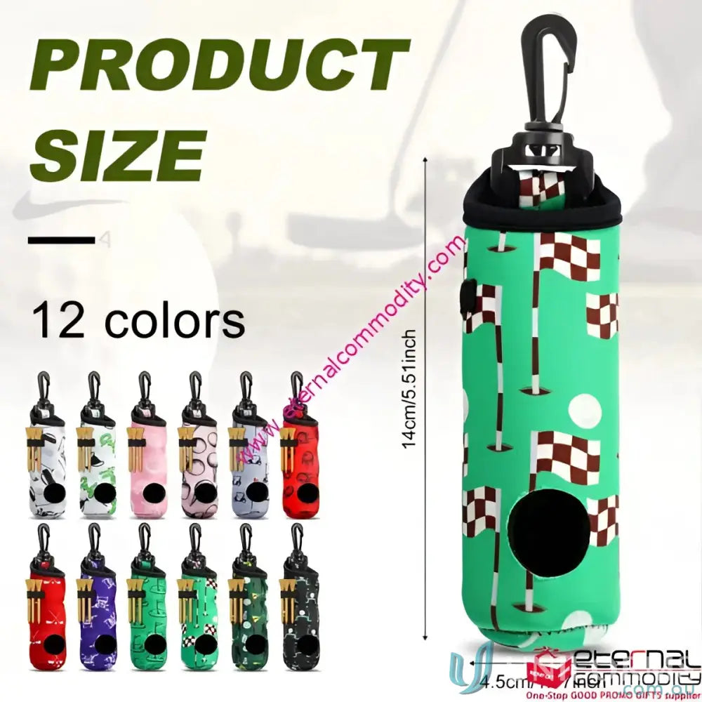 Custom neoprene golf tee holder with plastic hook, fits golf tees, in 12 patterns