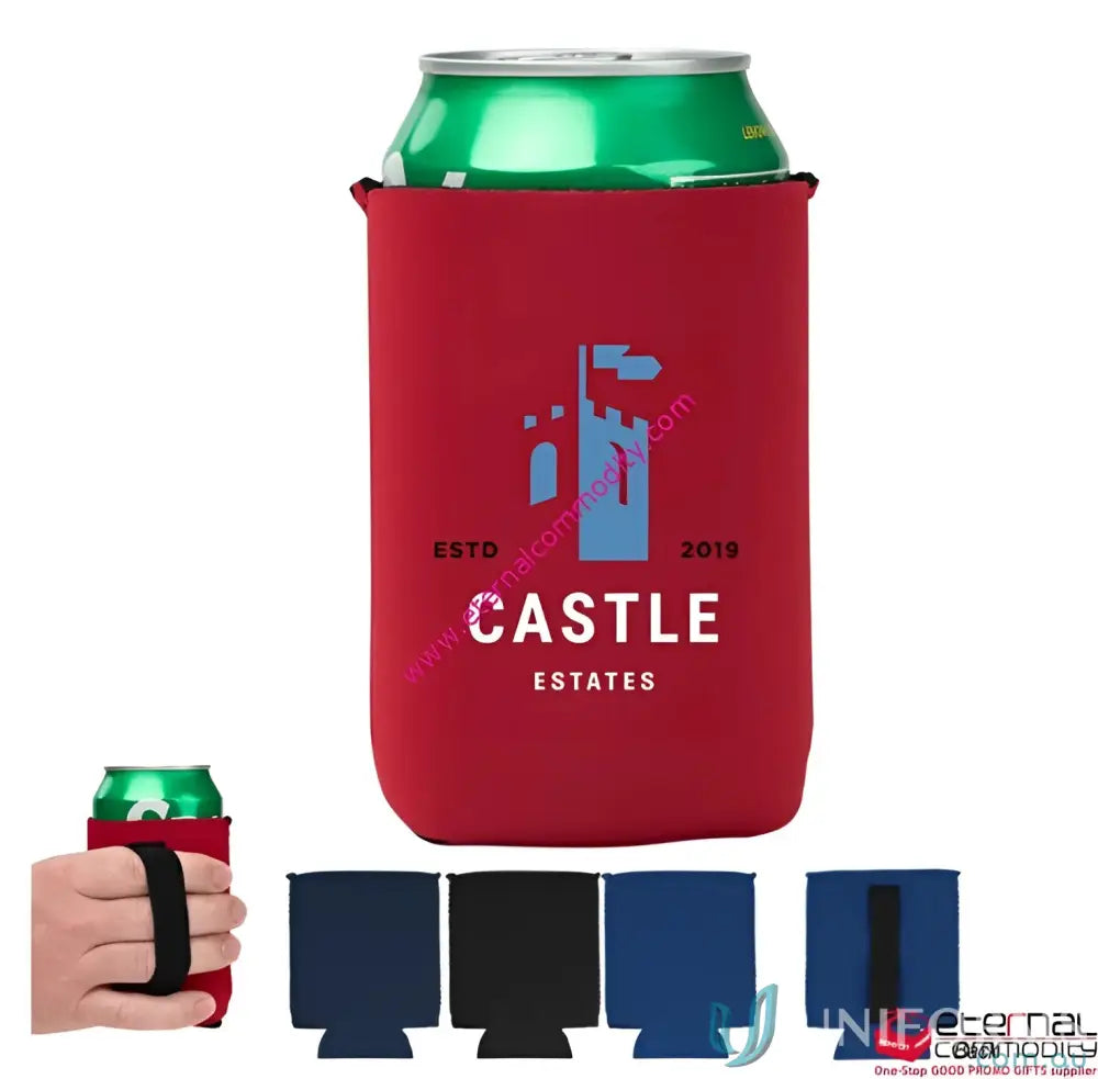 Red ezy grip stubby holder with laminated open cell foam and blue castle logo
