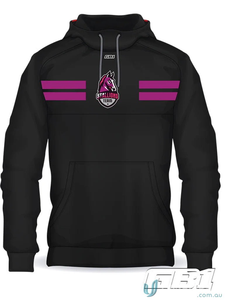 Black hoodie with purple stripes and horse logo, gb1 custom chest panel uniforms