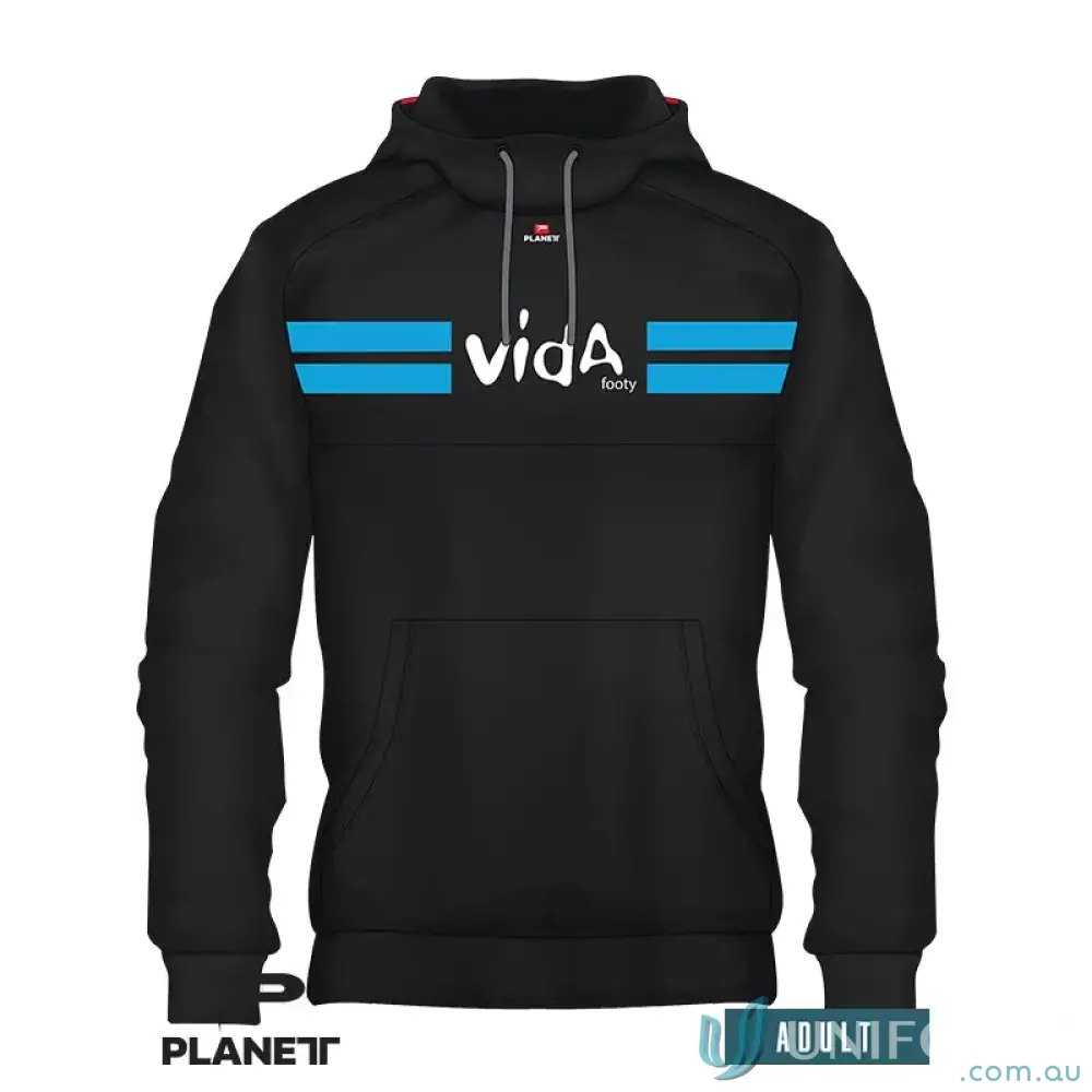 Black VIDA Adult Hoodie with blue stripes, sublimated polyester panel, cotton polyester body