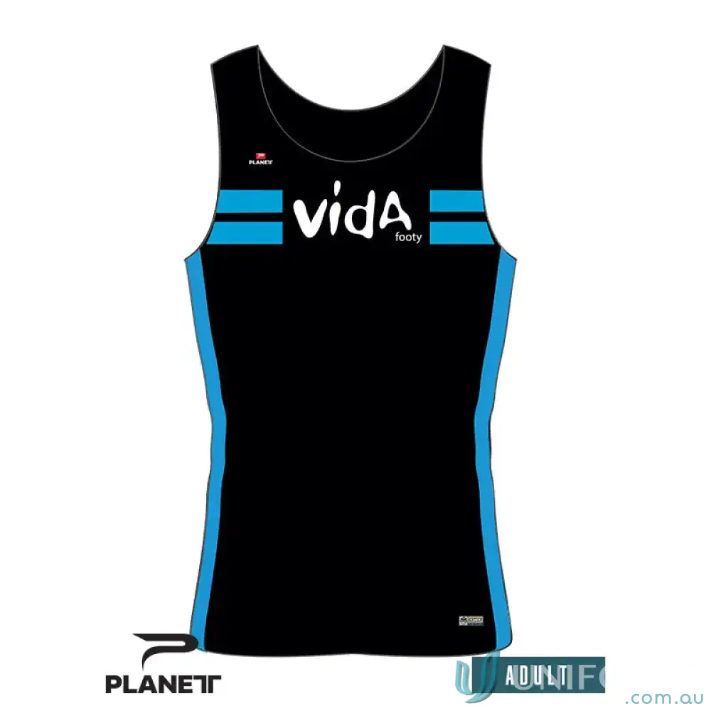 Black and blue vida adult singlet with 160g high-tech moisture removal for custom vida style