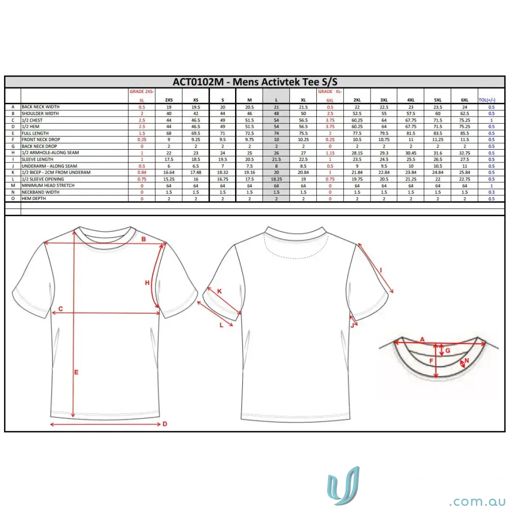 Men’s t-shirt size chart for Vida Adult Tee made with perforated fabric, custom Vida style