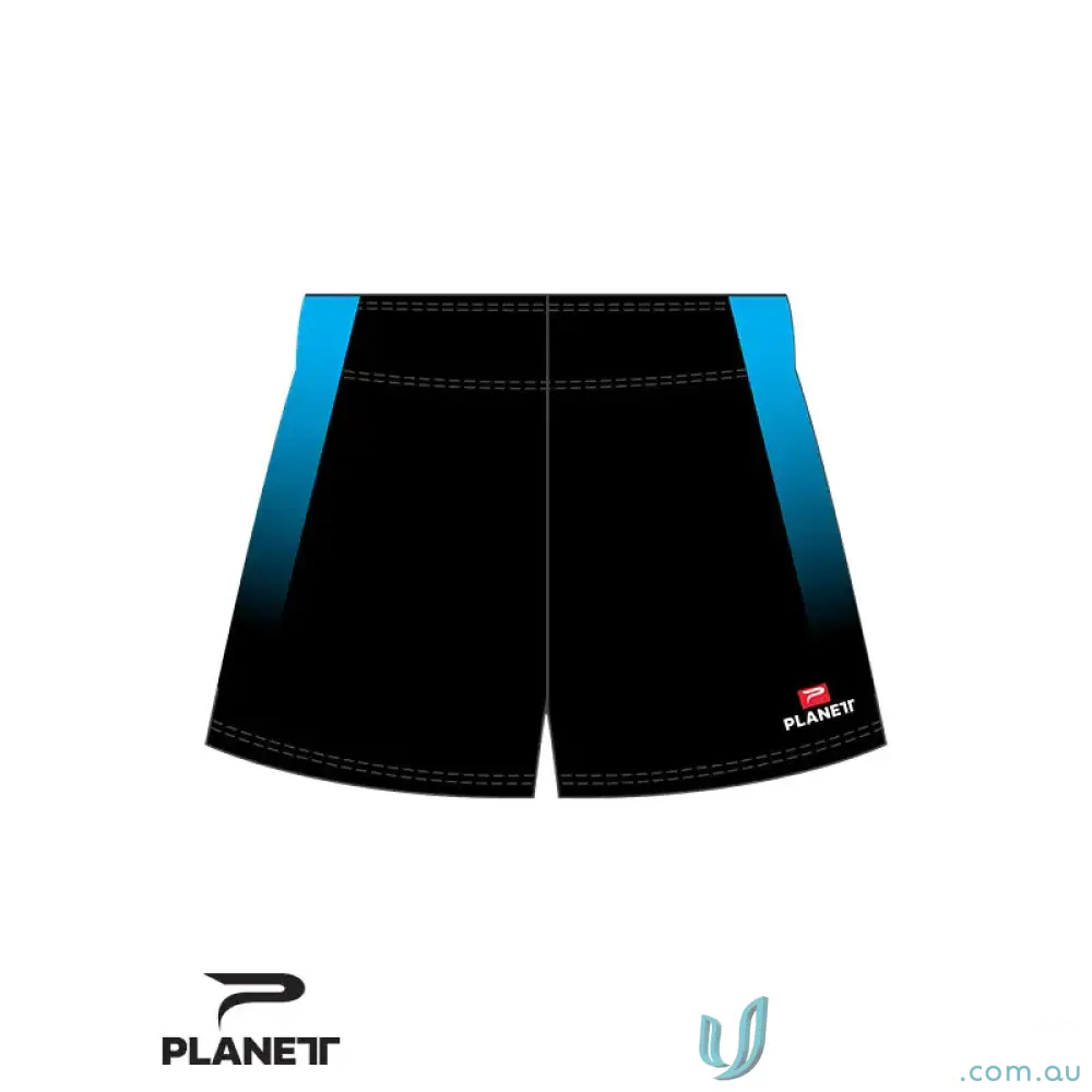 Black and blue moisture removal sports athletic shorts from Custom VIDA, check size chart