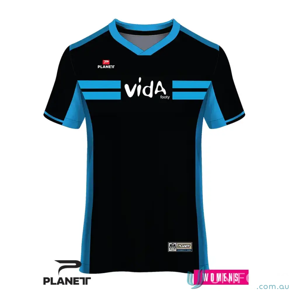 Black and blue Women’s soccer jersey on Custom VIDA Women’s Tee with gram high tech moisture removal