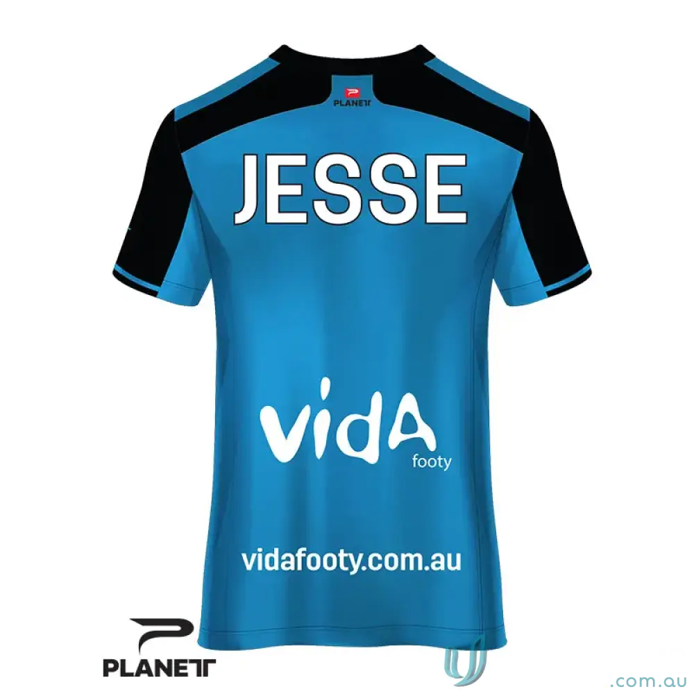 Blue and black soccer jersey on Custom VIDA Women’s Tee with tech moisture removal