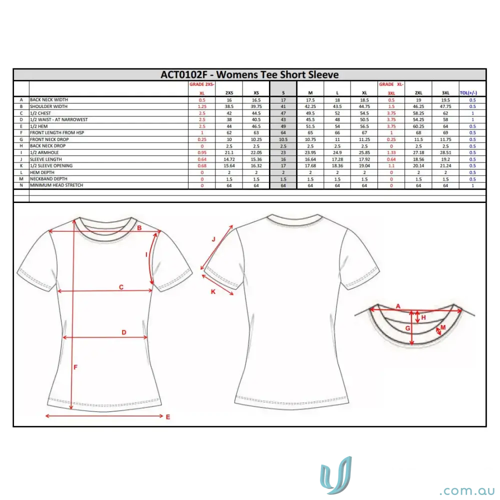 Women’s tee size chart for Custom VIDA Women’s Tee with tech moisture removal features