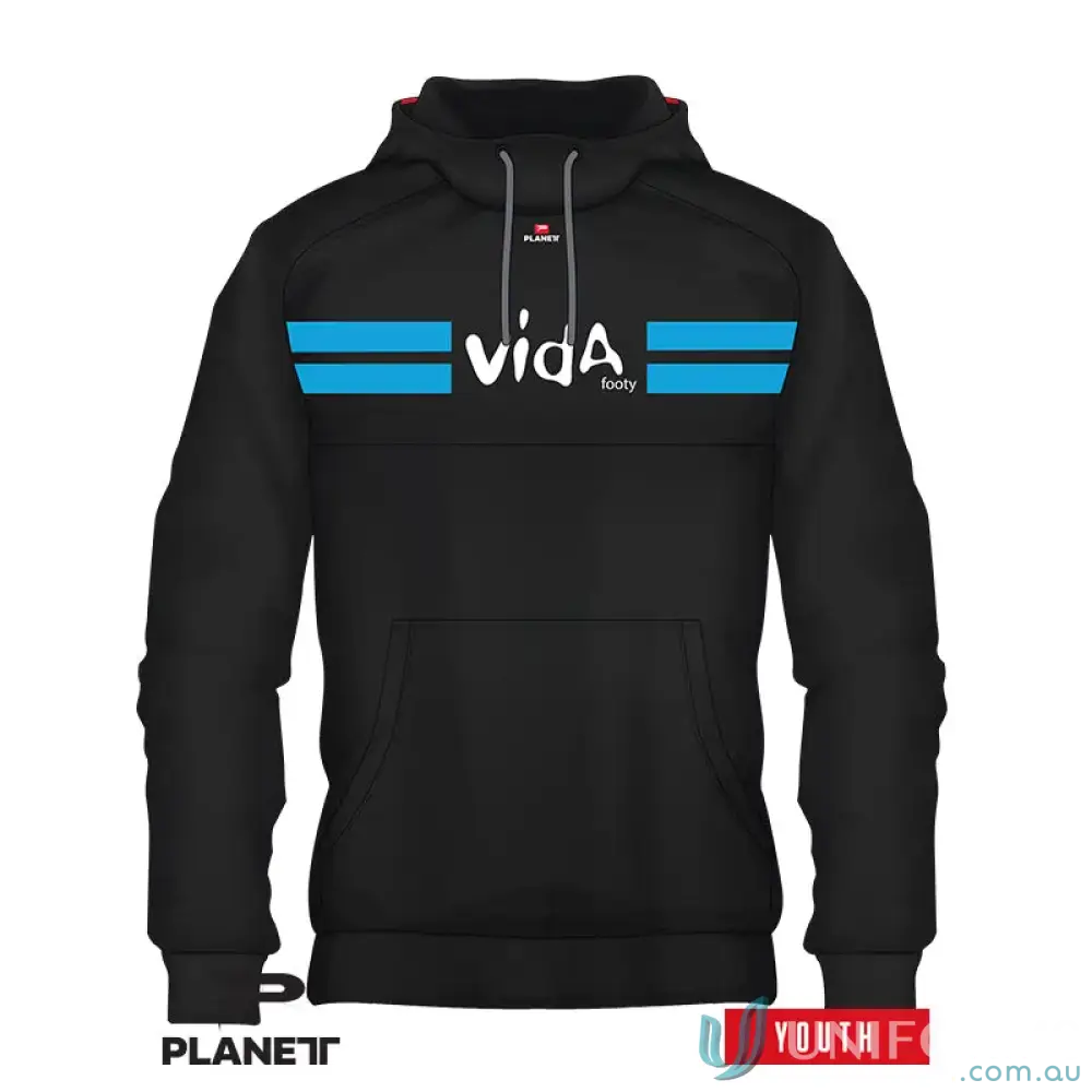 Custom VIDA Youth Hoodie with black and blue stripes, sublimated polyester panel style
