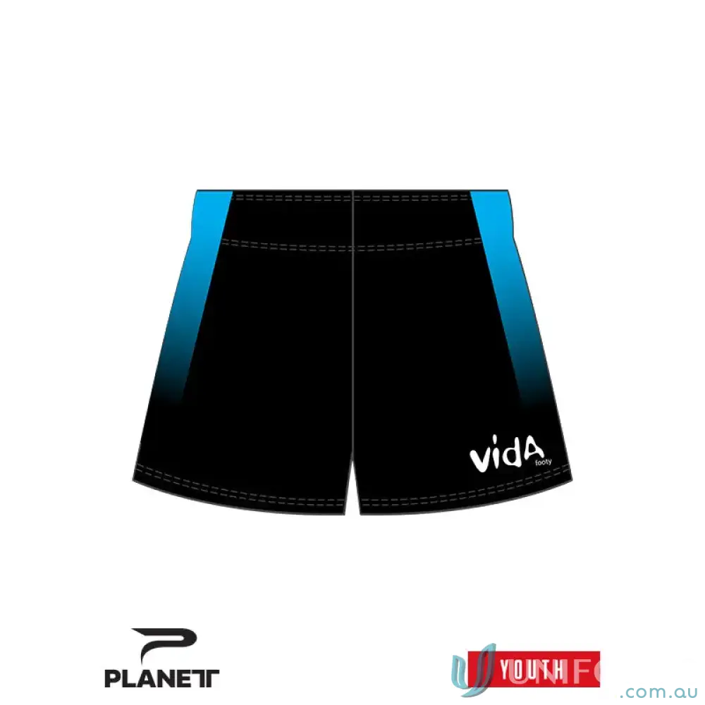 Black and blue Custom VIDA Youth Shorts with high-tech moisture removal for sports