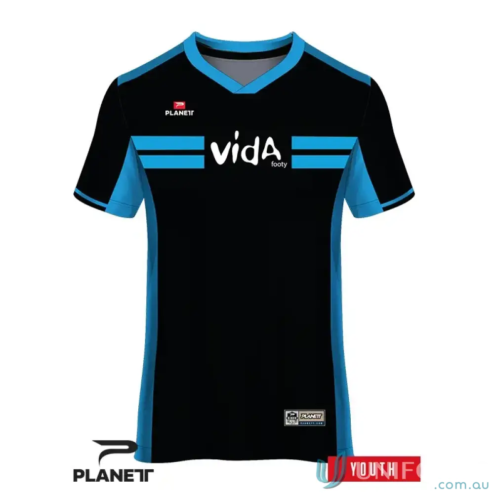 Black and blue Custom VIDA Youth Tee with gram high-tech moisture-wicking fabric