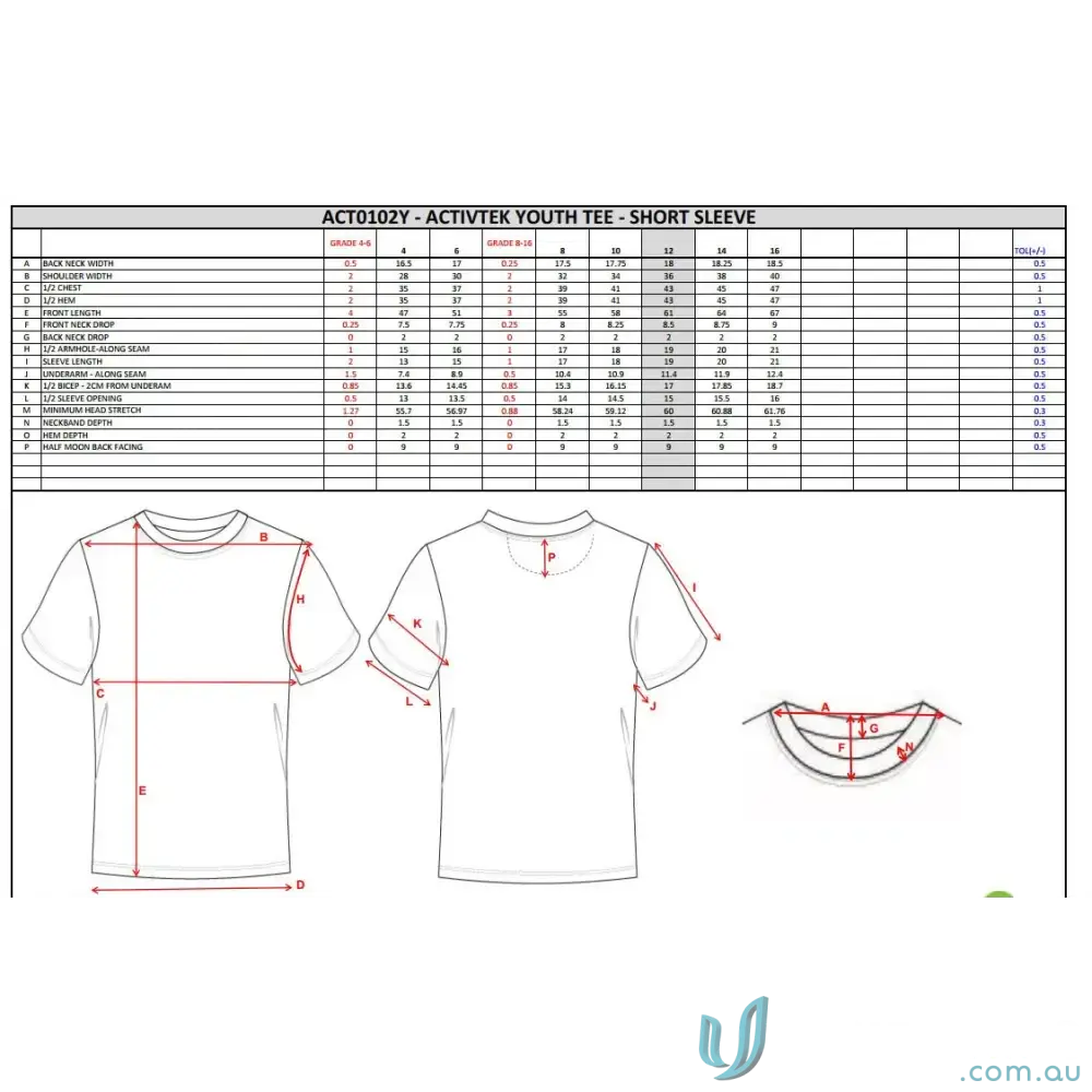 Custom VIDA Youth Tee size chart with gram high-tech moisture-wicking info and global sizing