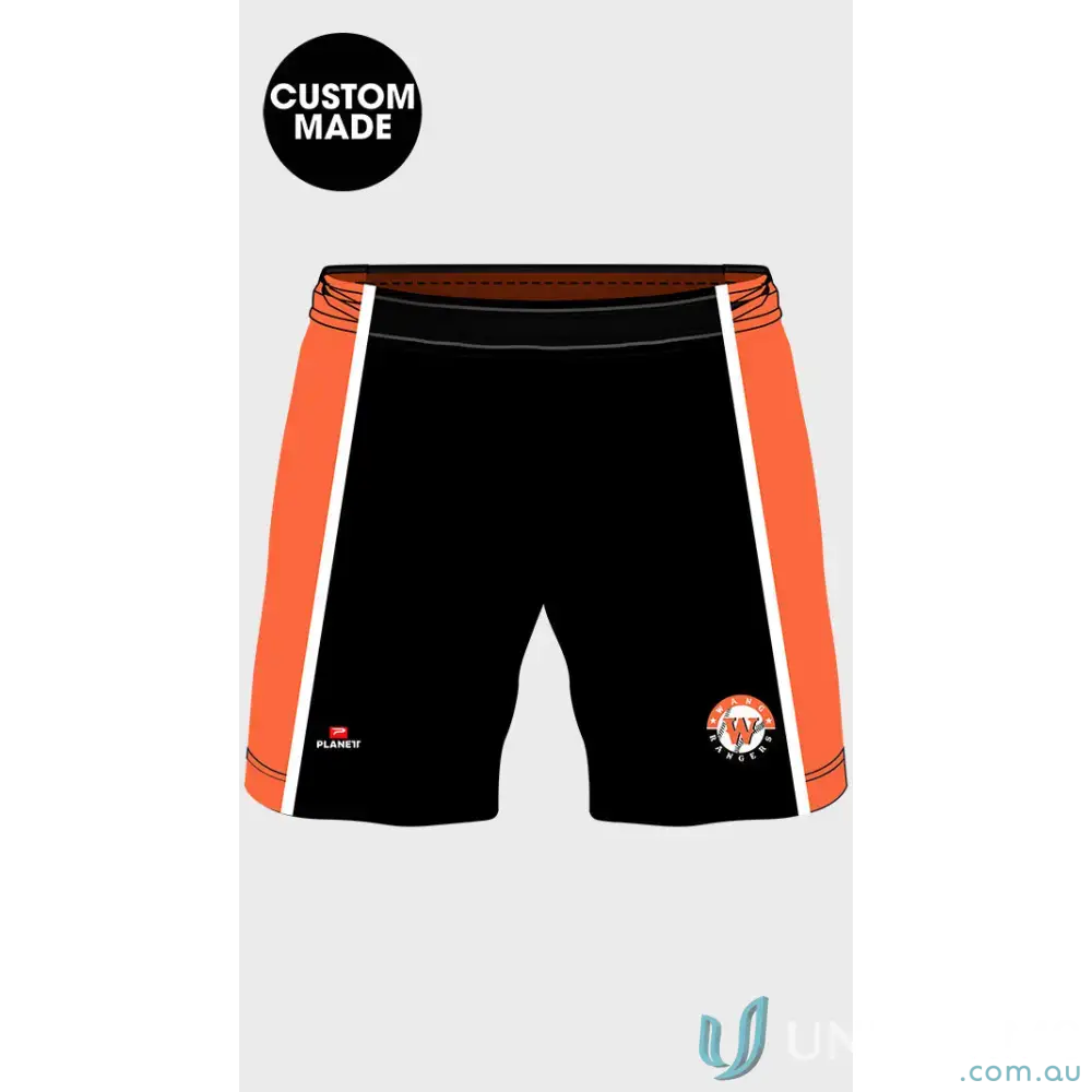 Black and orange Custom Wang Rangers Shorts made with high-quality athletic fabric