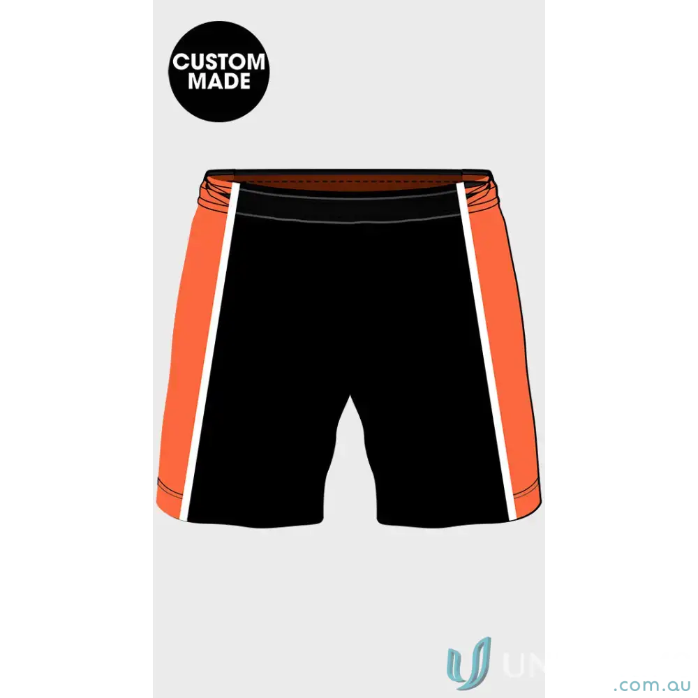 Black and orange Custom Wang Rangers Youth Shorts made with breathable fabric