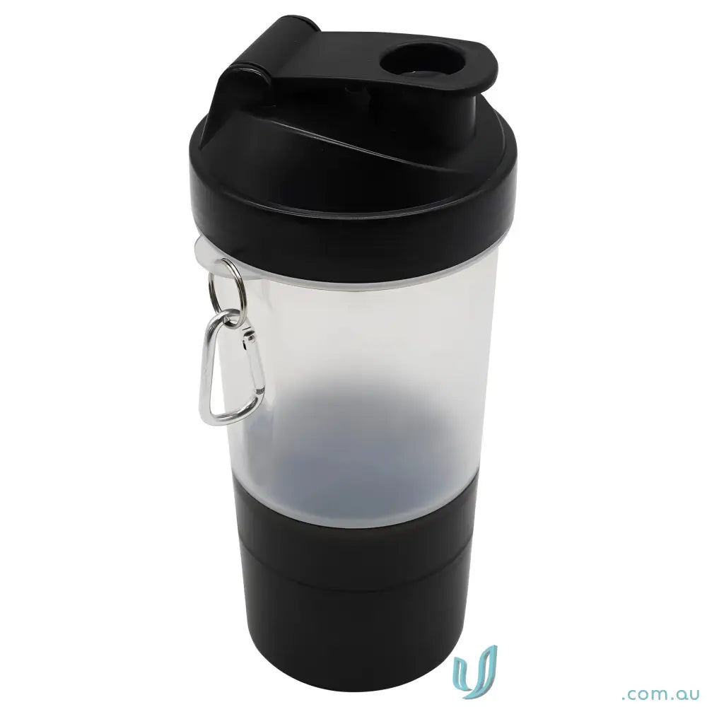 Black and clear shaker cup with carabiner key chain for easy carrying