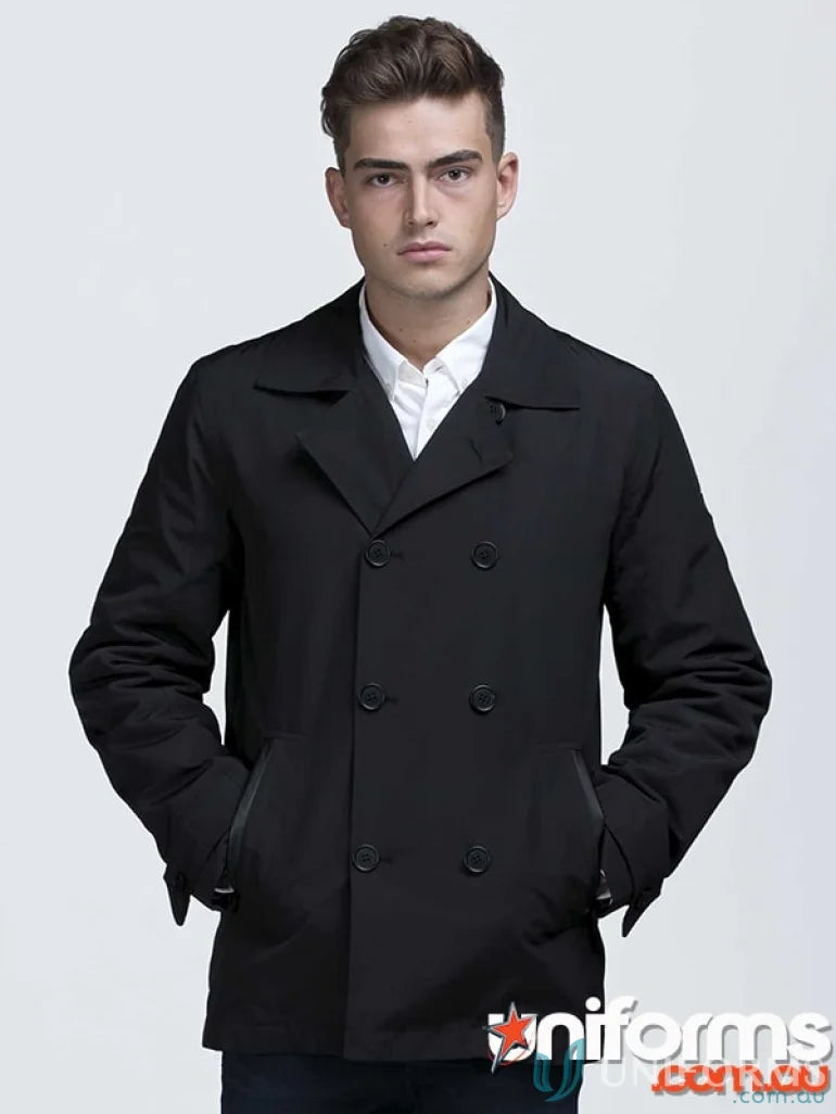 Black double-breasted faux leather Dakota Jacket with dwr water resistant finish