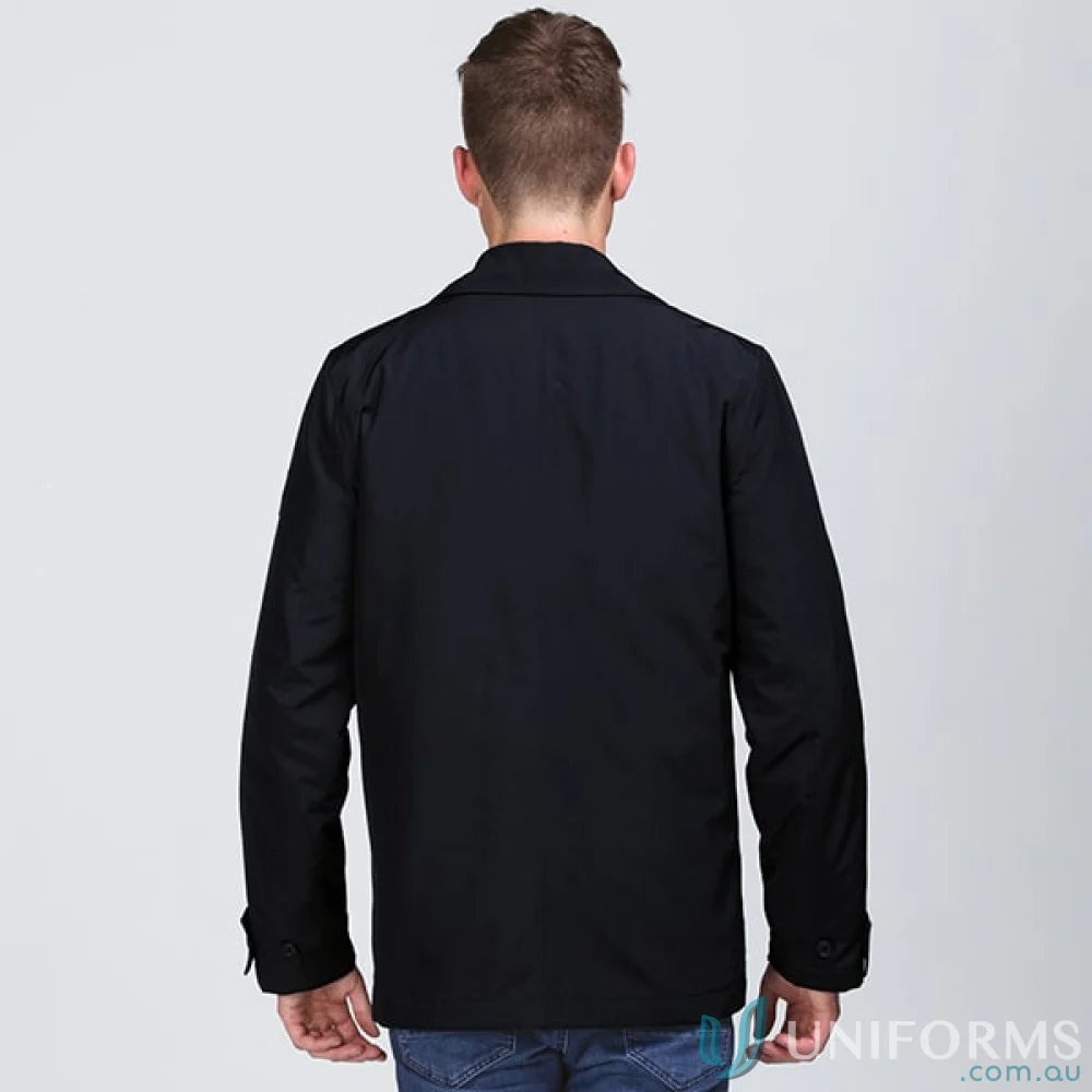 Black faux leather Dakota Jacket on man featuring DWR water resistant finish