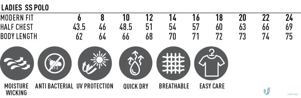 Ladies polo shirt size chart and features for Daws Sub Custom Polo, perfect for workwear uniforms with free set options