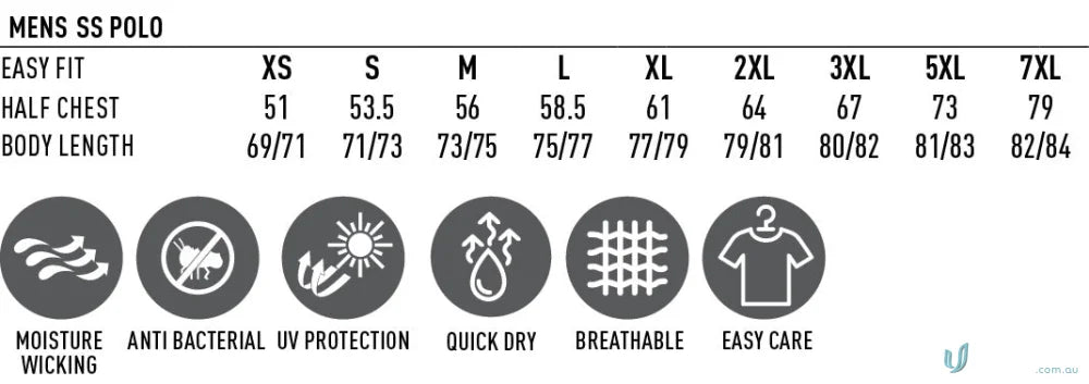 Men’s Polo Shirt Size Chart and Features for Daws SUB Custom Polo Workwear