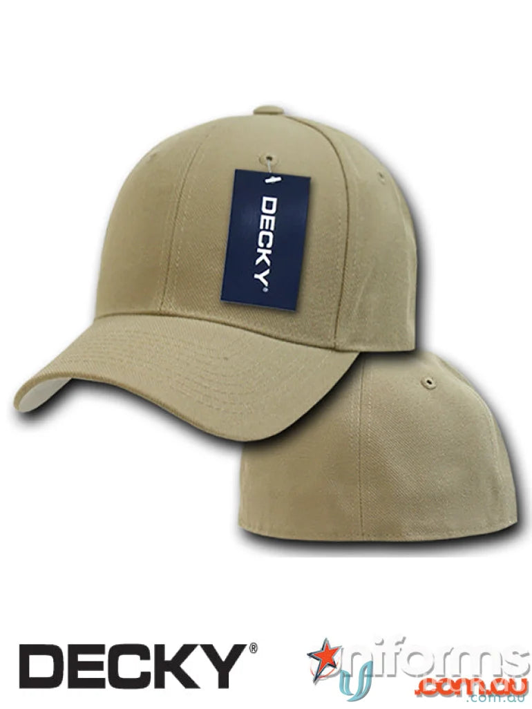 Khaki baseball cap with tag from Decky 402 Baseball Flex Cap, perfect for uniforms or workwear