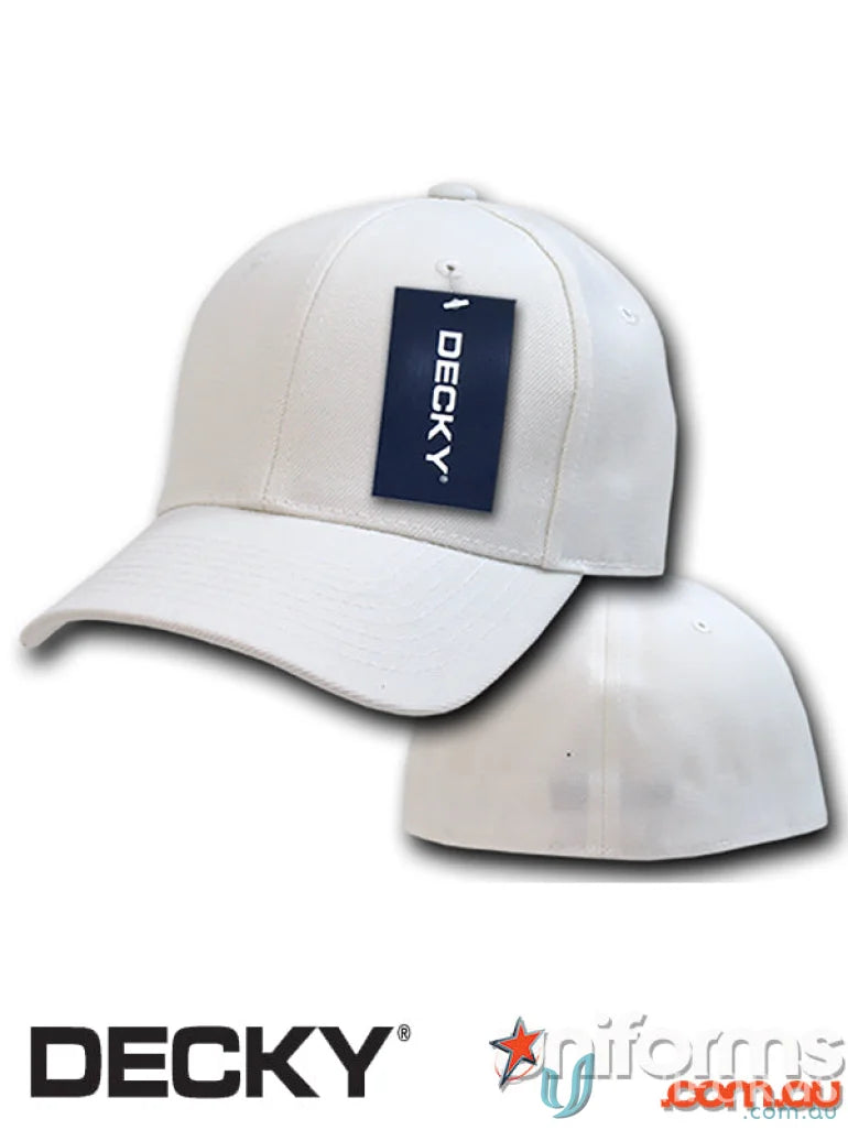 White baseball cap with tag from Decky 402 Baseball Flex Cap, perfect for uniforms or workwear