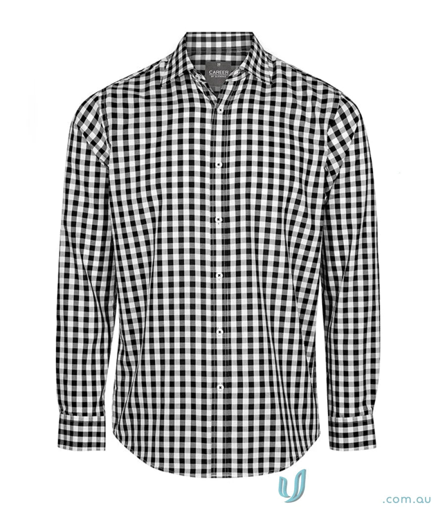 Degraves Royal Oxford long sleeve shirt with black and white checkered pattern, silk protein fabric