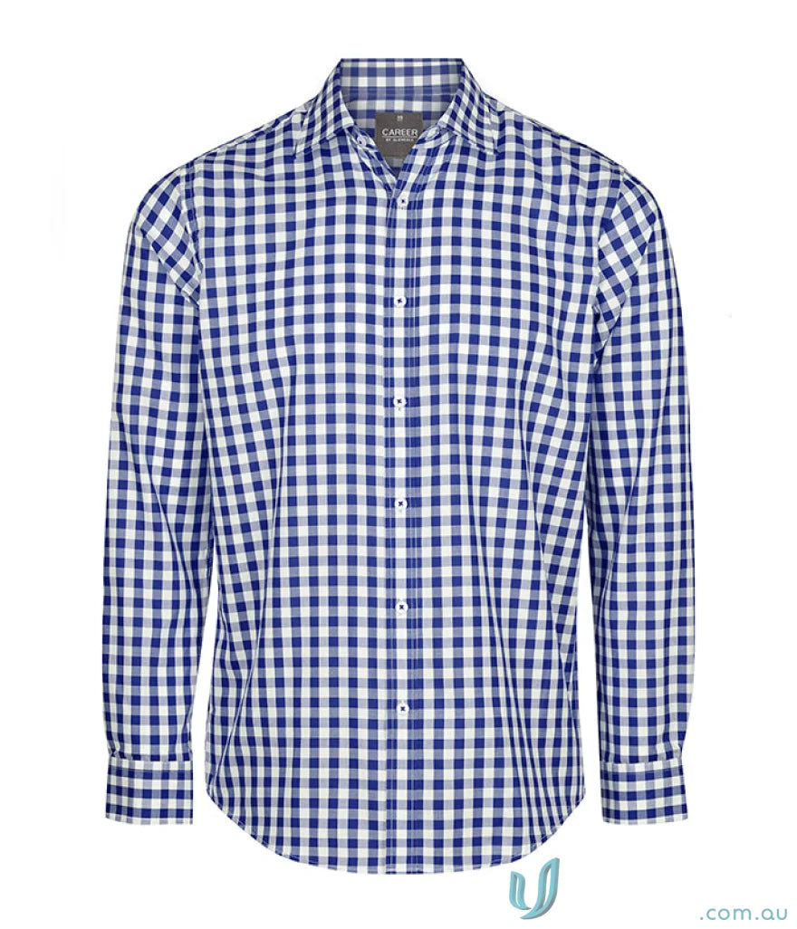 Degraves Royal Oxford long sleeve shirt in blue and white checkered silk protein fabric