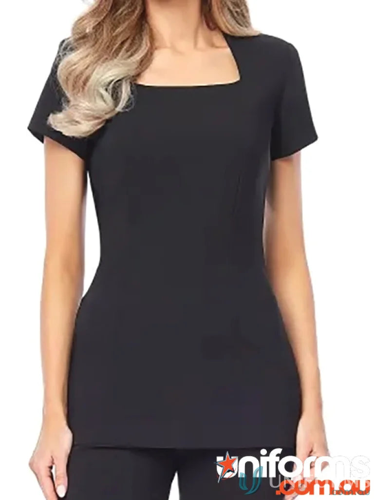 Black square-neck tunic top from Demure Square-Neck Beauty & Spa Tunic collection