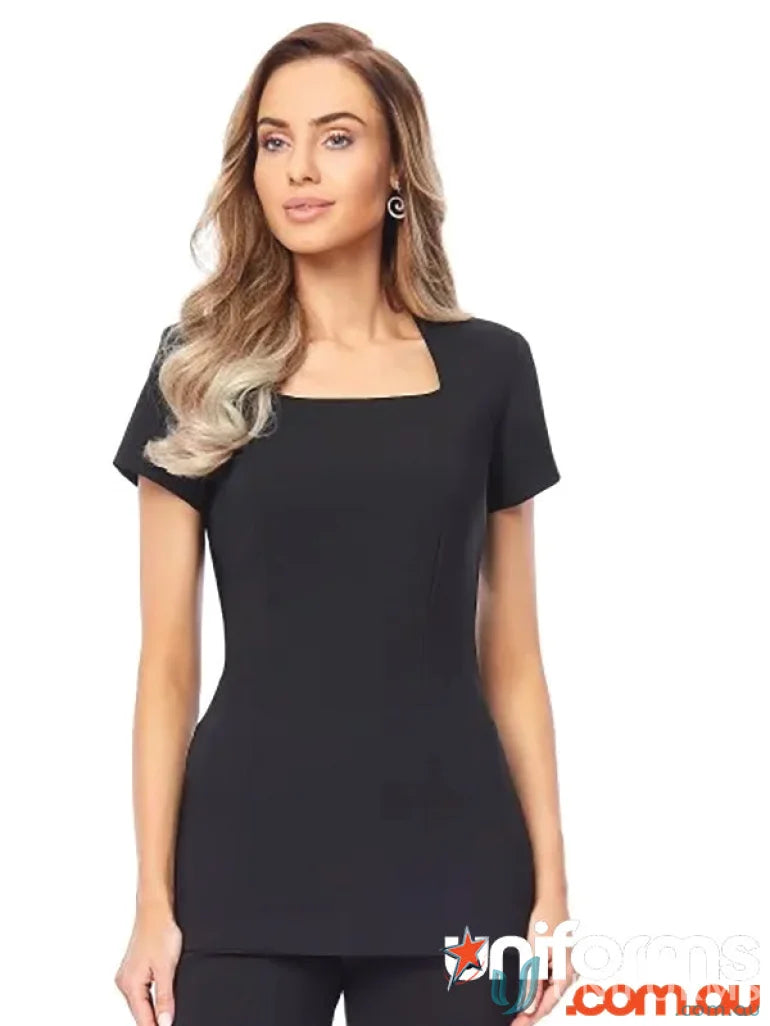 Black square-neck tunic from Demure Square-Neck Beauty & Spa for demanding environments