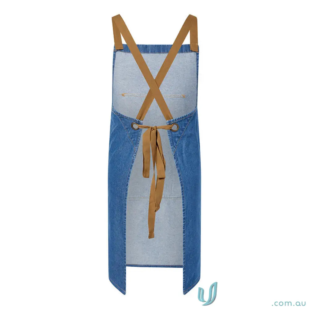 Blue denim bib apron with patch pocket, criss-cross straps, perfect for workcraft denim bib or café crews uniform