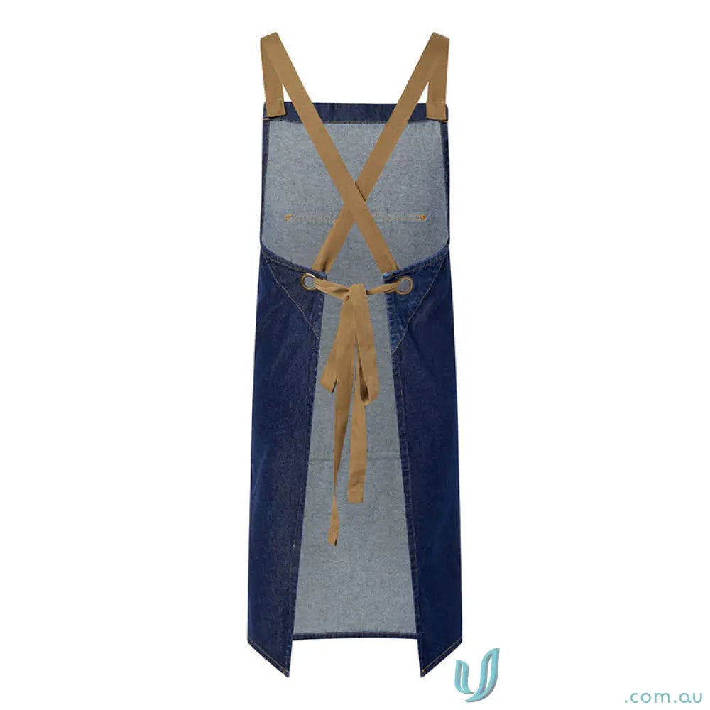 Dark blue workcraft denim bib apron with tan straps and a handy patch pocket