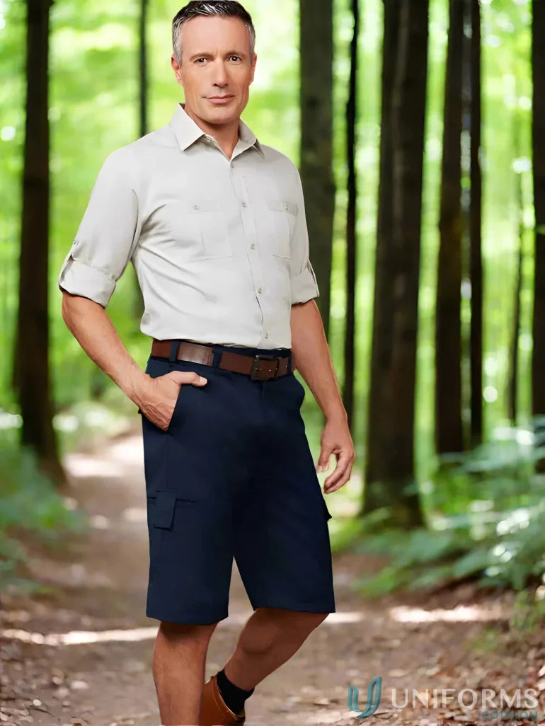 Man in outdoor attire wearing men’s Detroit short from Biz Collection Detroit with Biz Flexi-Band™ waistband