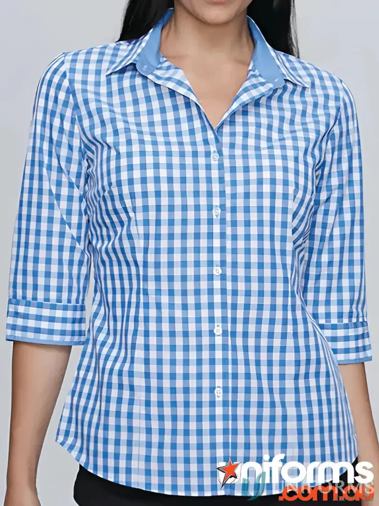Blue and white checkered Devonport Ladies 3qtr Shirt showcasing stylish workwear style