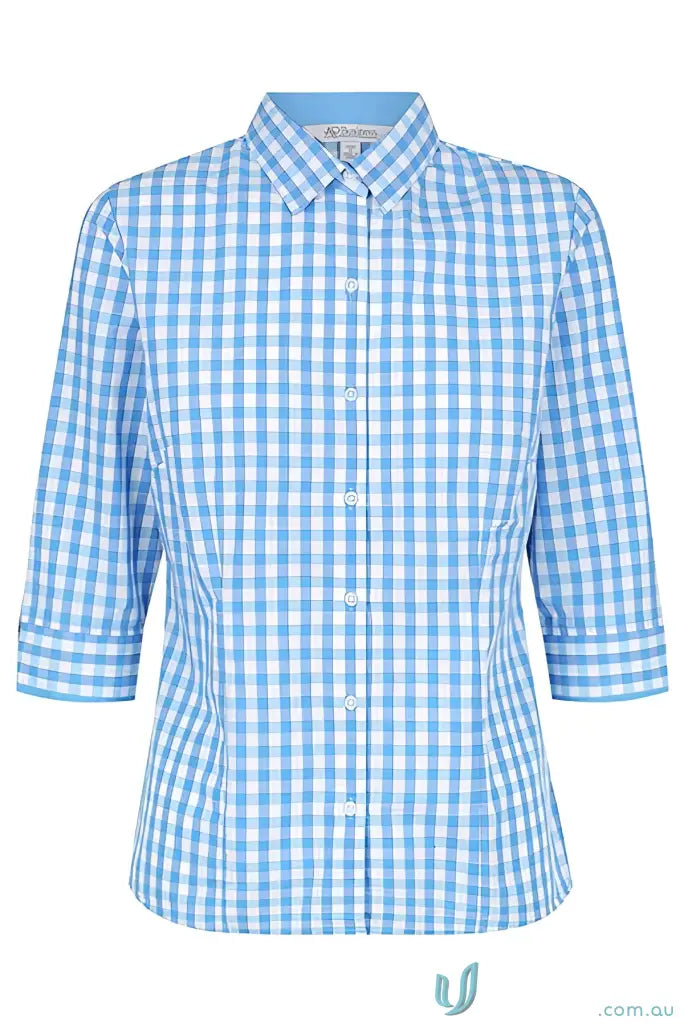 Blue and white checkered Devonport Ladies 3qtr Shirt for style and workwear uniforms