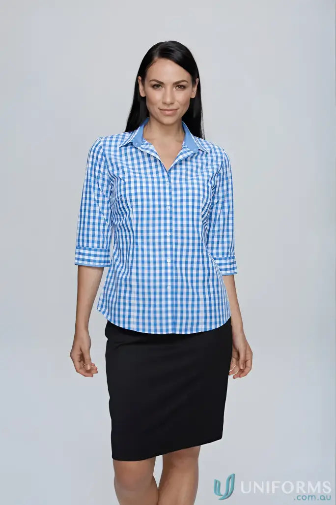 Devonport Ladies 3qtr Shirt in blue and white gingham style for workwear or uniforms