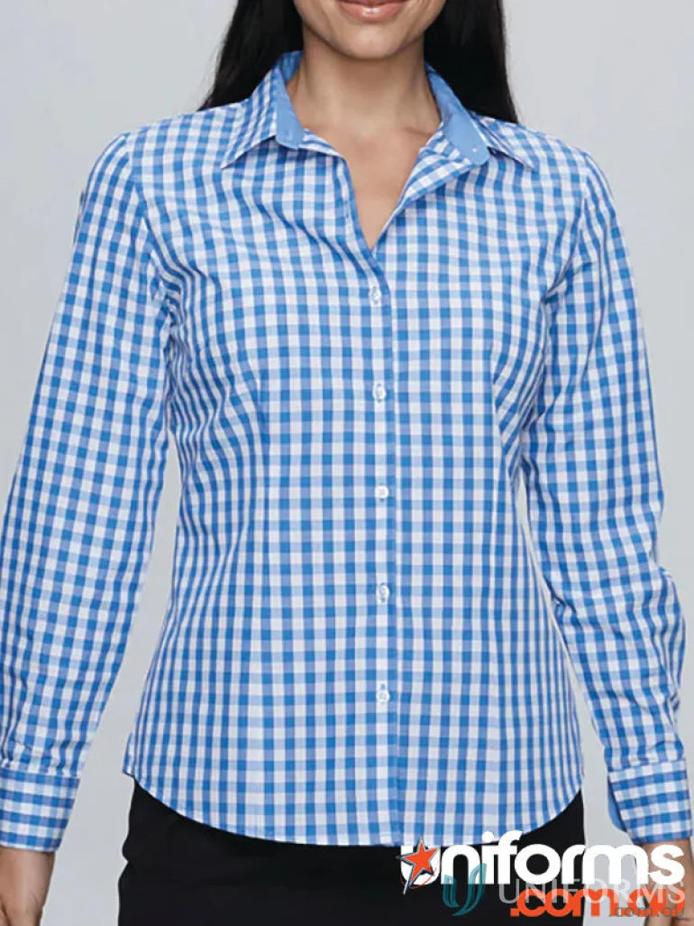 Blue and white checkered Devonport Ladies L/S Shirt perfect for workwear style and uniforms